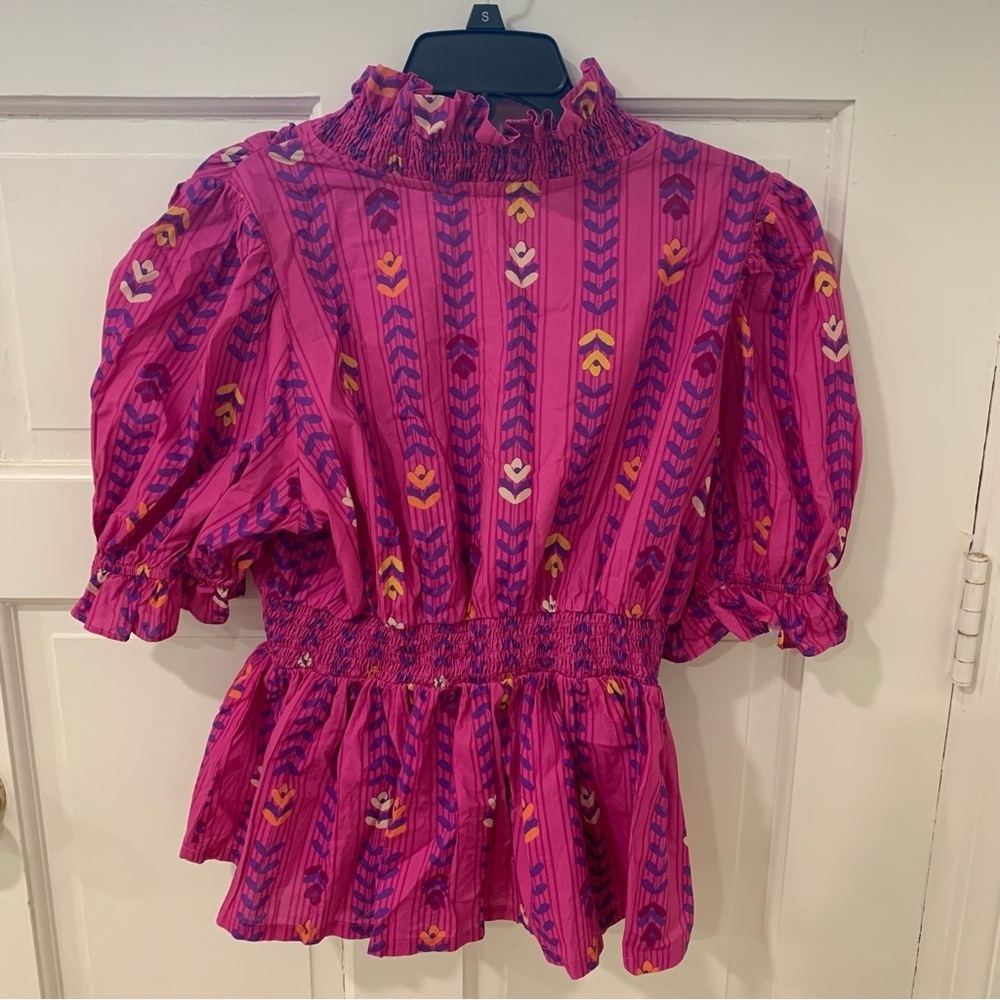 Umgee Women’s Bright Boho Bloom Ruffle Top Puff Sleeve Size Large Maximalist - Picture 8 of 10